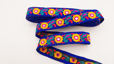 Royal Blue Floral Mirrored Trim With Yellow Flowers And Green Paisley Embroidery, Decorative Trimming, Trim By 3 Yards